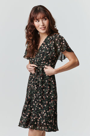 Black | Floral Wrap Front Dress