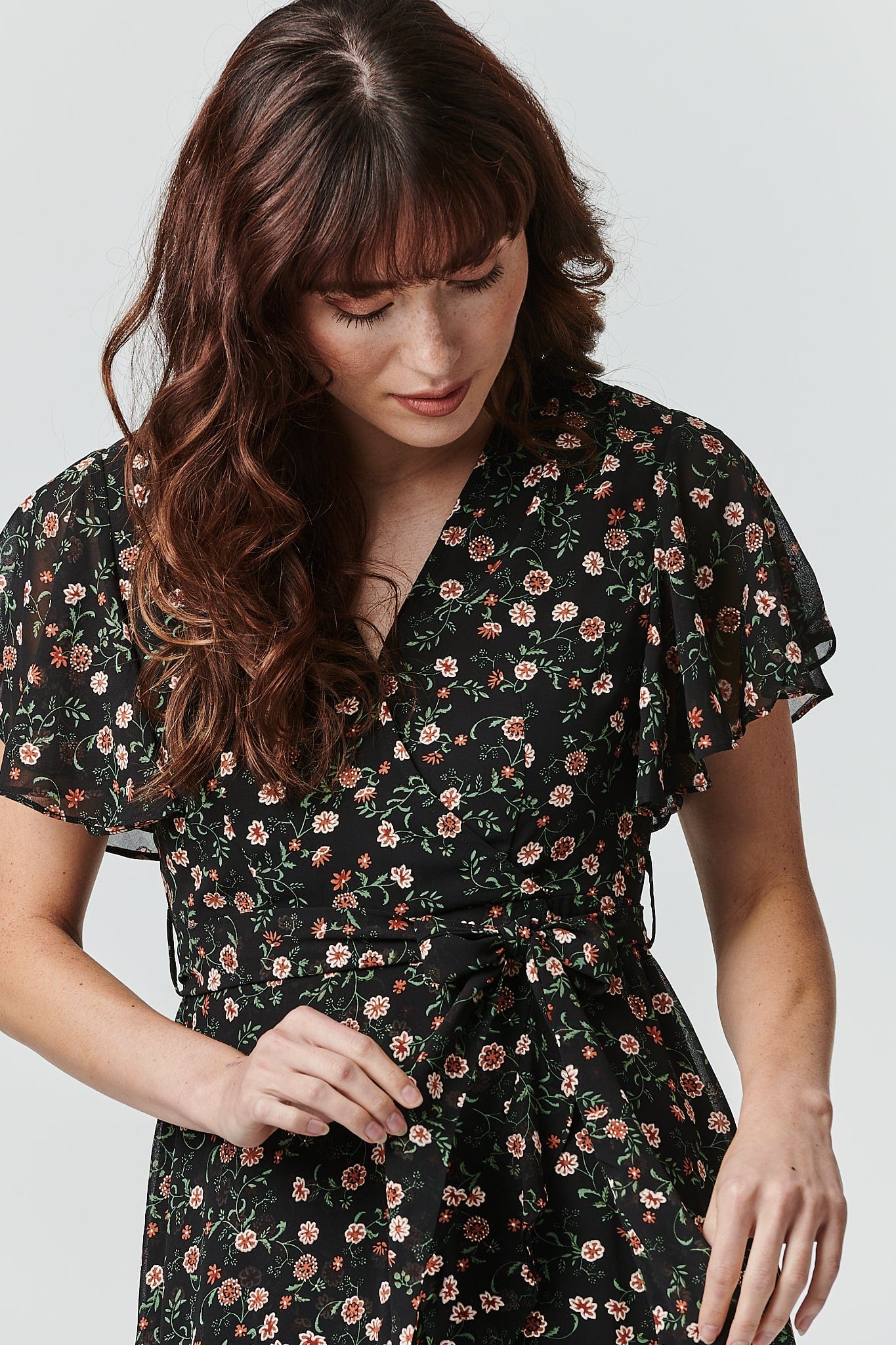 Black | Floral Wrap Front Dress