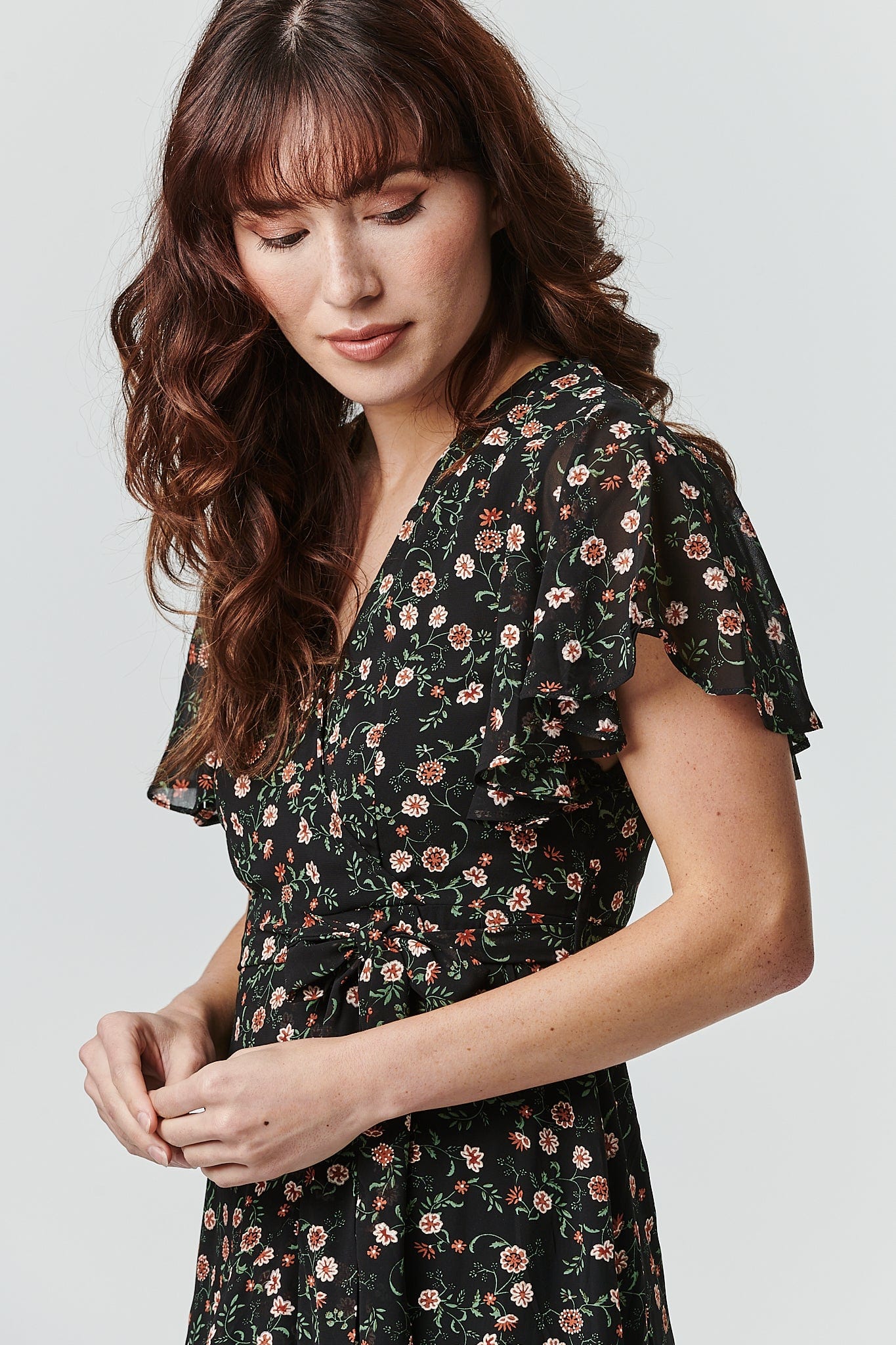 Black | Floral Wrap Front Dress