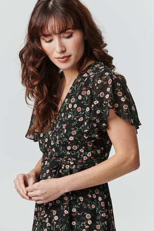 Black | Floral Wrap Front Dress