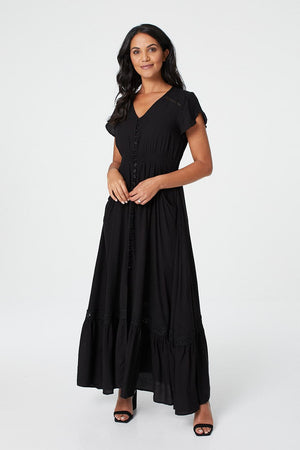 Black |Button Front Maxi Dress with Pocket