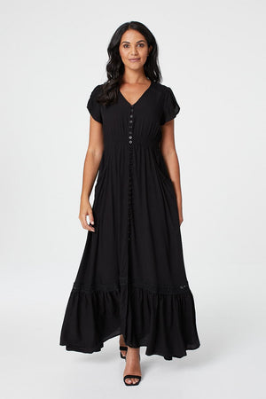 Black |Button Front Maxi Dress with Pocket