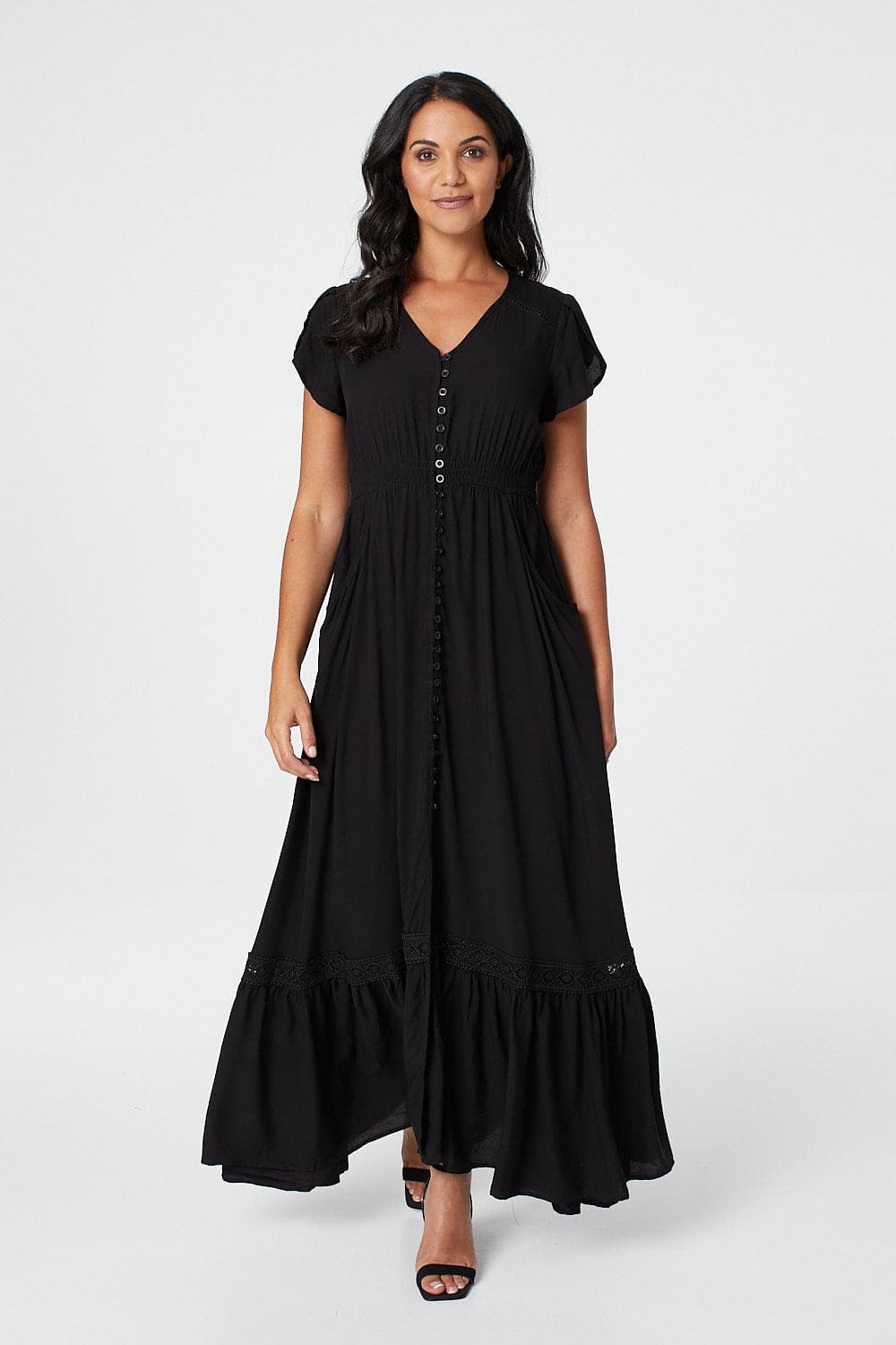 Black |Button Front Maxi Dress with Pocket