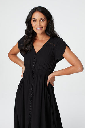 Black |Button Front Maxi Dress with Pocket