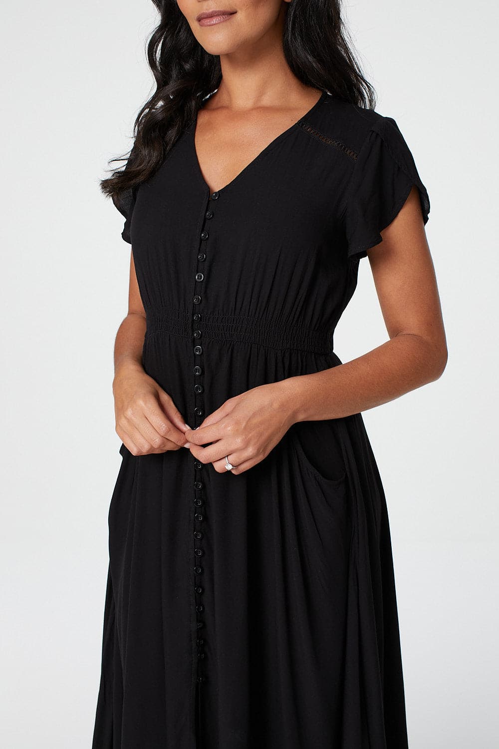 Black |Button Front Maxi Dress with Pocket