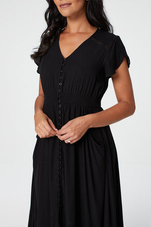 Black |Button Front Maxi Dress with Pocket