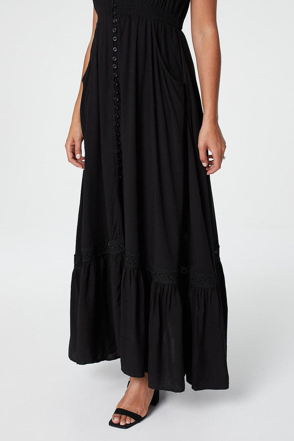 Black |Button Front Maxi Dress with Pocket