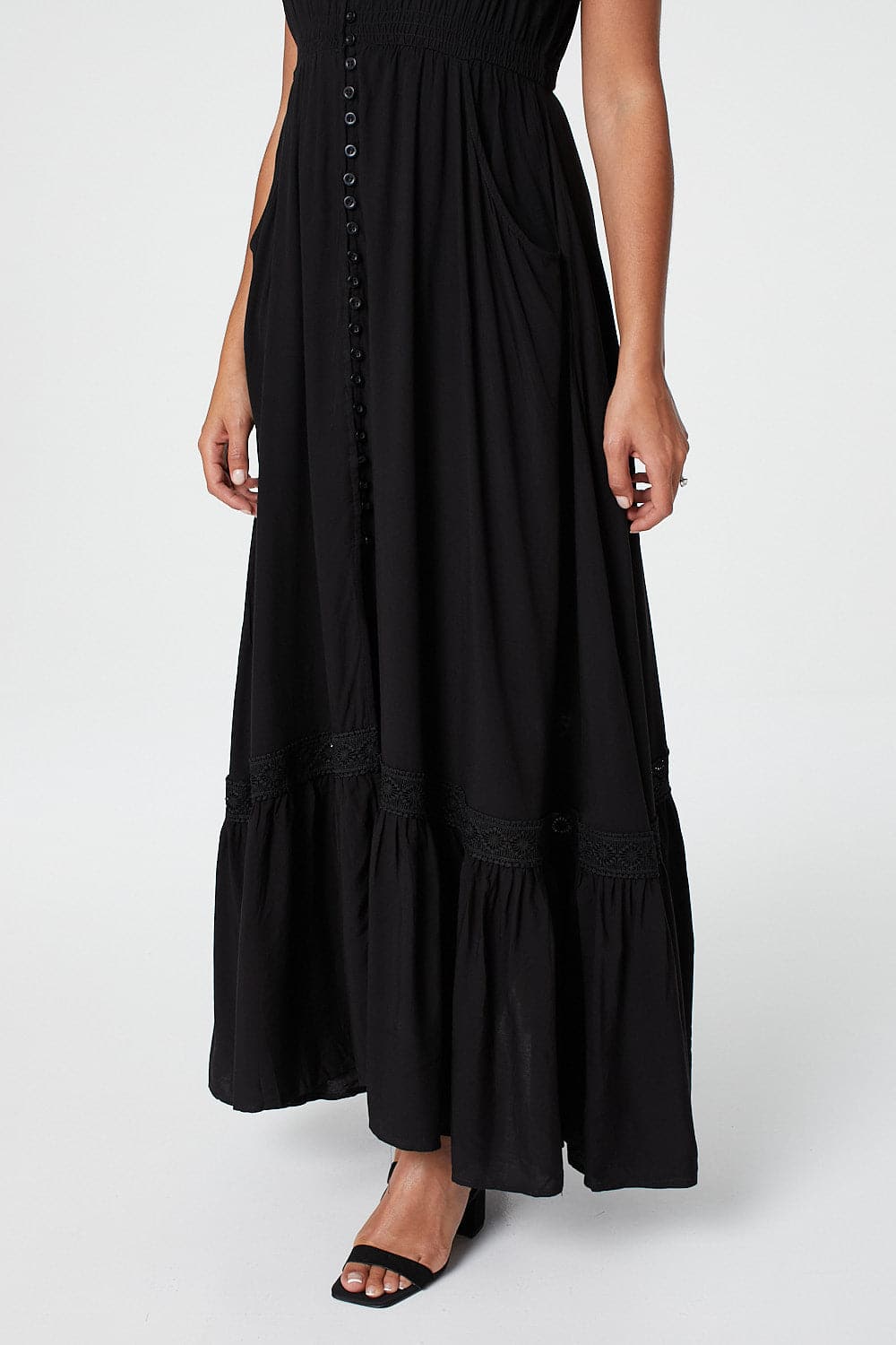 Black |Button Front Maxi Dress with Pocket