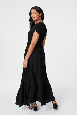 Black |Button Front Maxi Dress with Pocket
