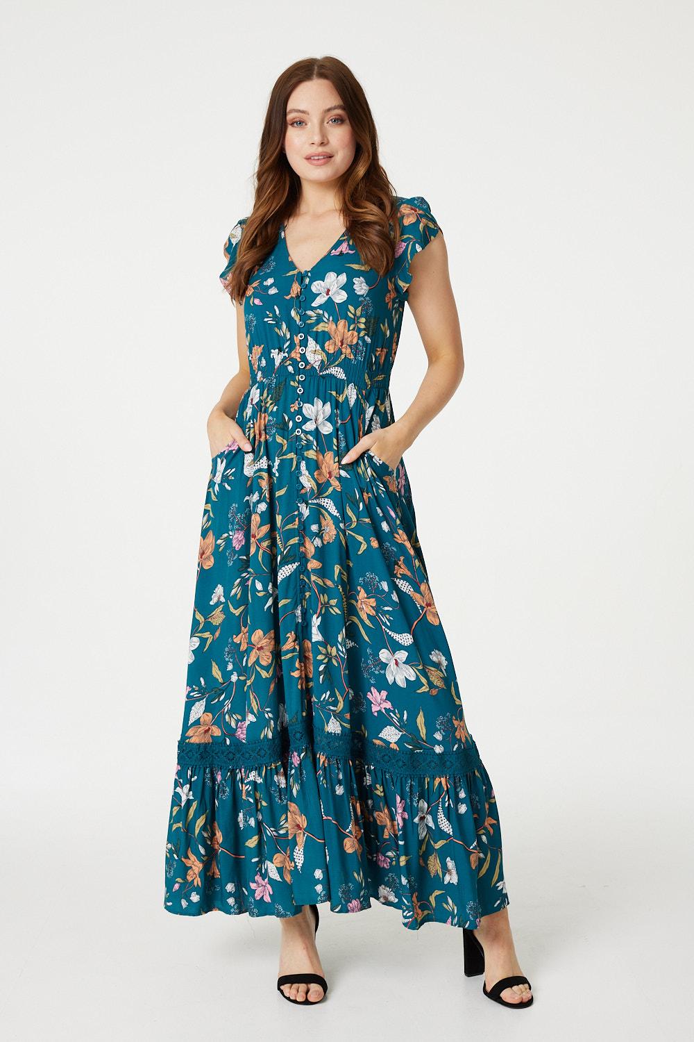 Teal | Floral Lace Detail Maxi Dress