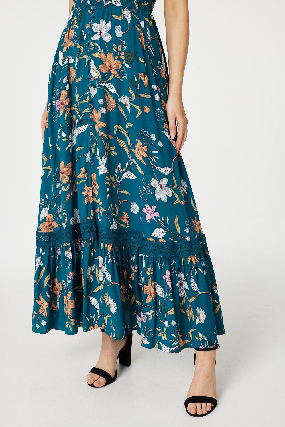 Teal | Floral Lace Detail Maxi Dress