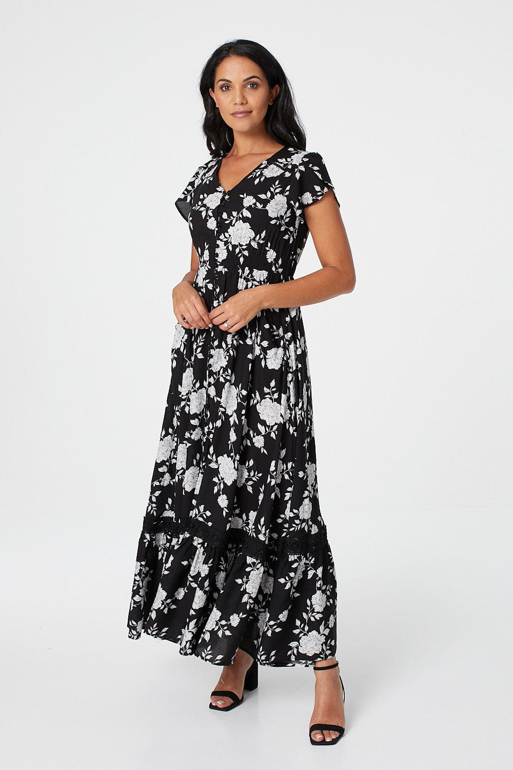 Black | Floral Button Front Maxi Dress