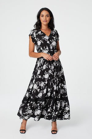 Black | Floral Button Front Maxi Dress