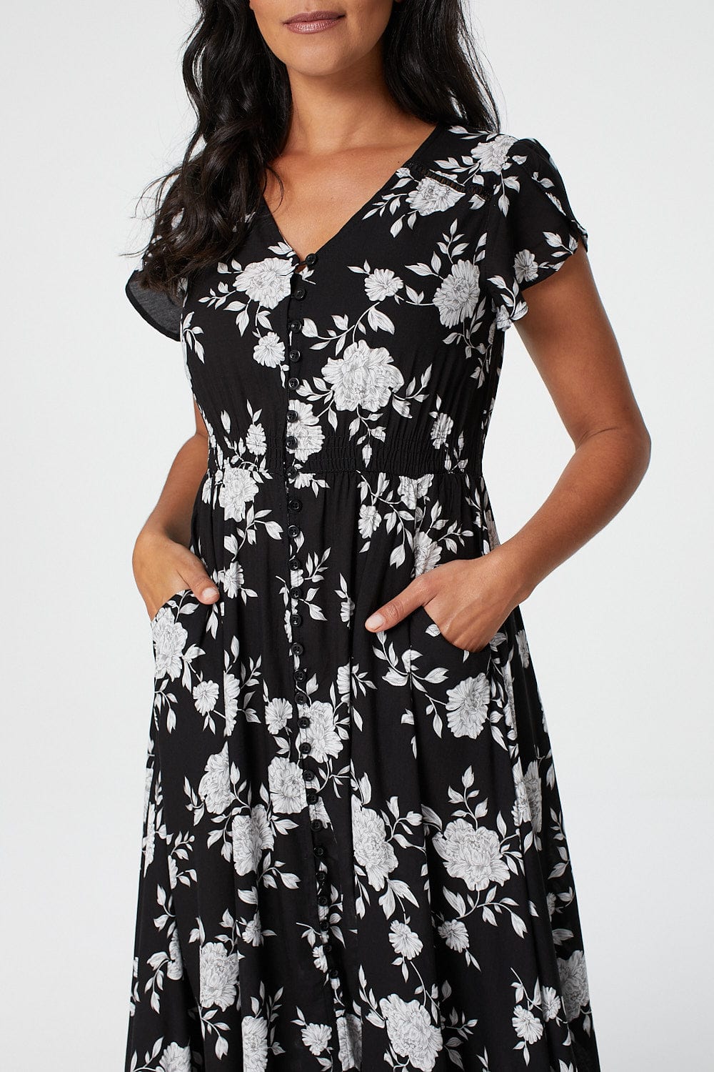 Black | Floral Button Front Maxi Dress