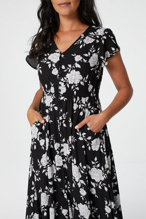 Black | Floral Button Front Maxi Dress