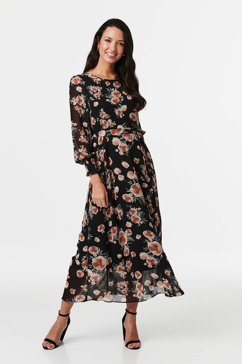 Black | Floral Sheer Sleeve Midi Dress