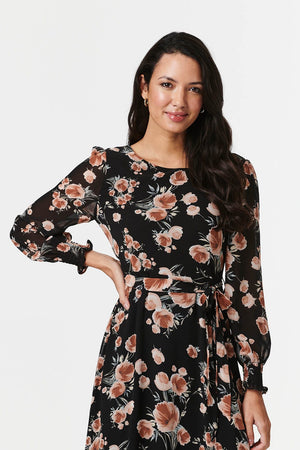 Black | Floral Sheer Sleeve Midi Dress