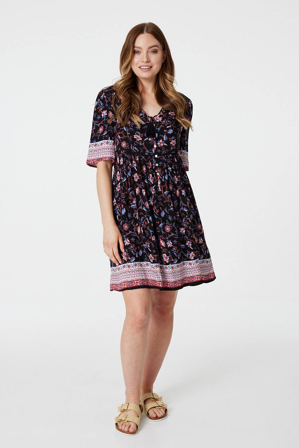 Black | Floral 1/2 Sleeve Smock Dress