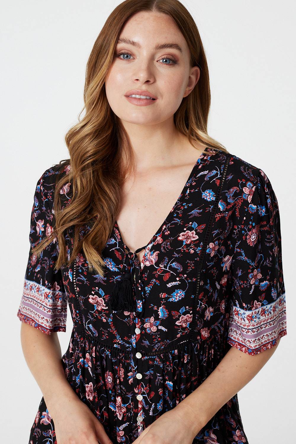 Black | Floral 1/2 Sleeve Smock Dress