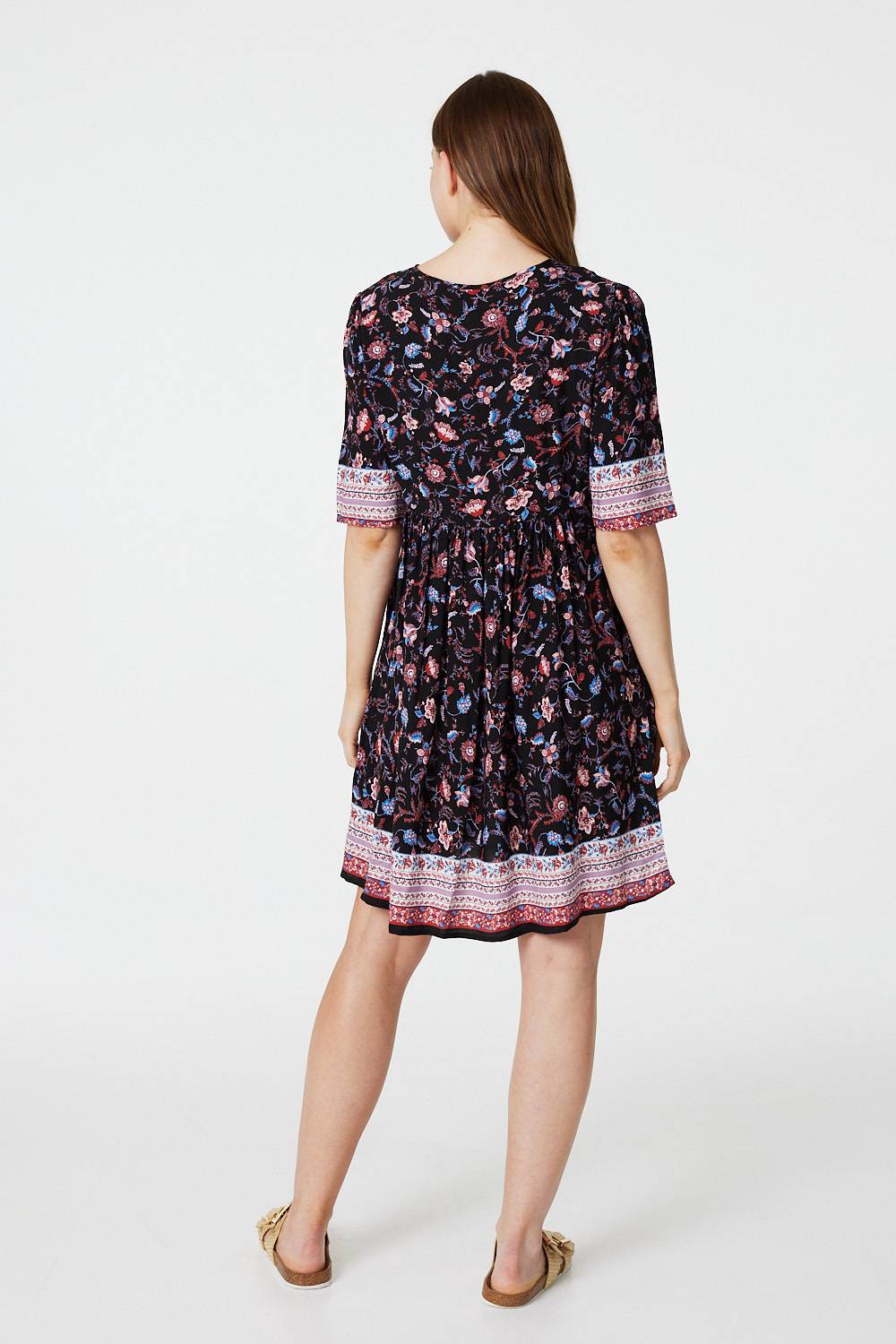 Black | Floral 1/2 Sleeve Smock Dress