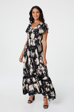 Black | Floral Short Sleeve Tiered Maxi Dress