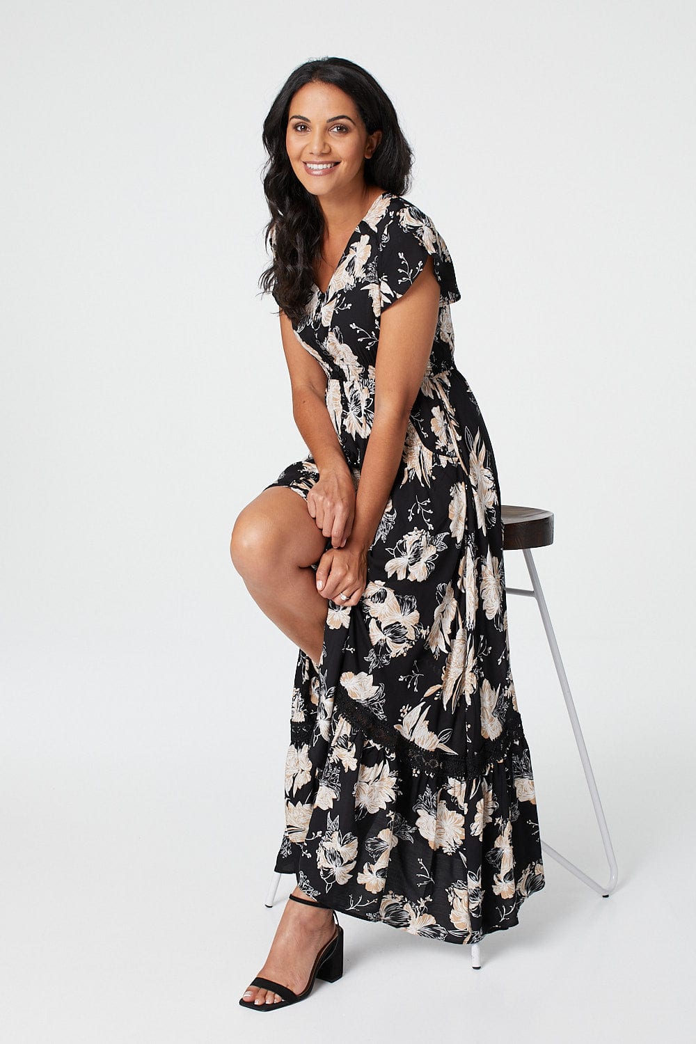 Black | Floral Short Sleeve Tiered Maxi Dress