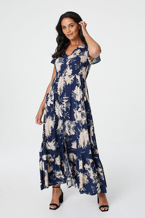 Navy | Floral Short Sleeve Tiered Maxi Dress