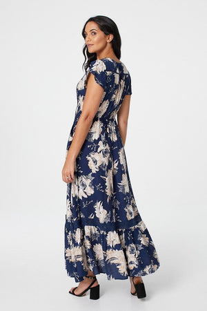 Navy | Floral Short Sleeve Tiered Maxi Dress