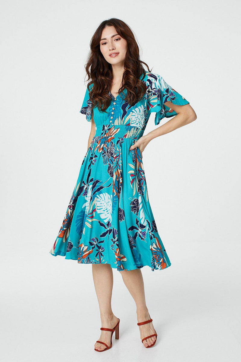 Blue | Tropical Print Angel Sleeve Dress