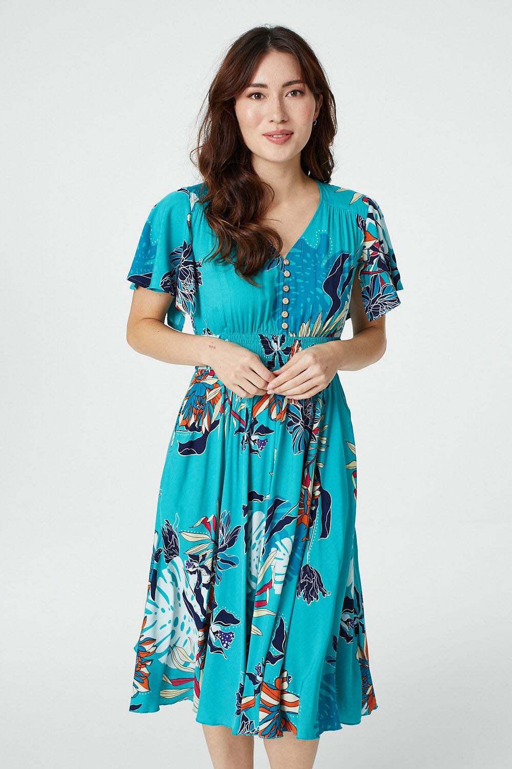 Blue | Tropical Print Angel Sleeve Dress