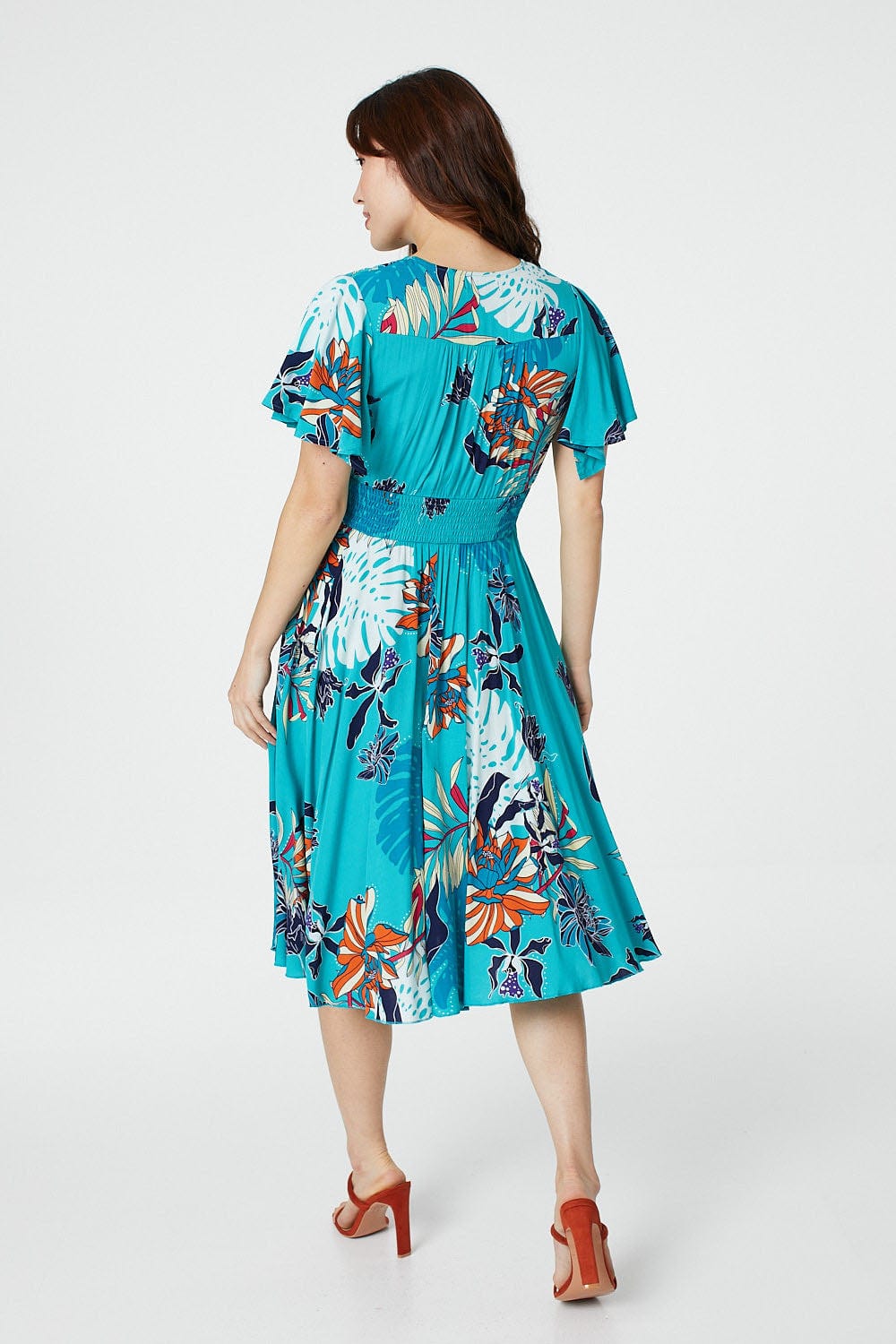Blue | Tropical Print Angel Sleeve Dress