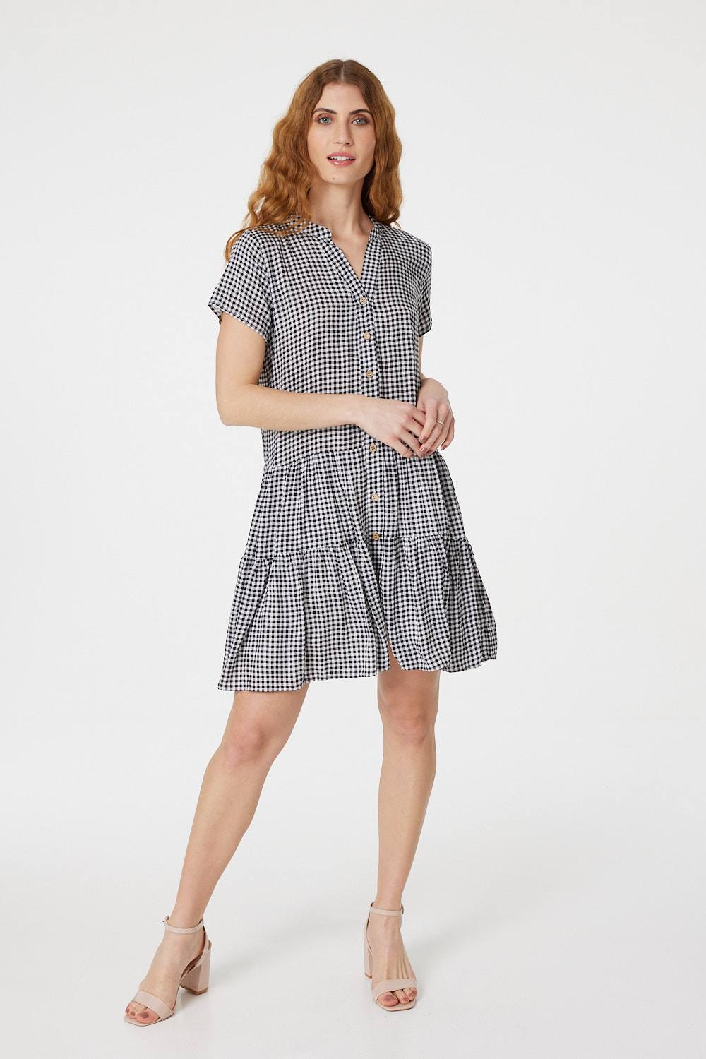 Black And White | Gingham Check Tiered Shirt Dress