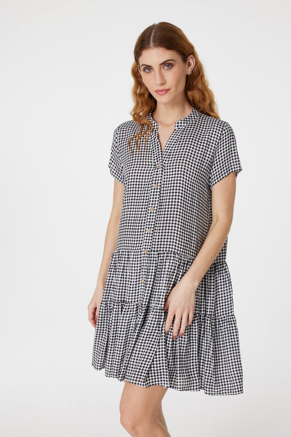 Black And White | Gingham Check Tiered Shirt Dress