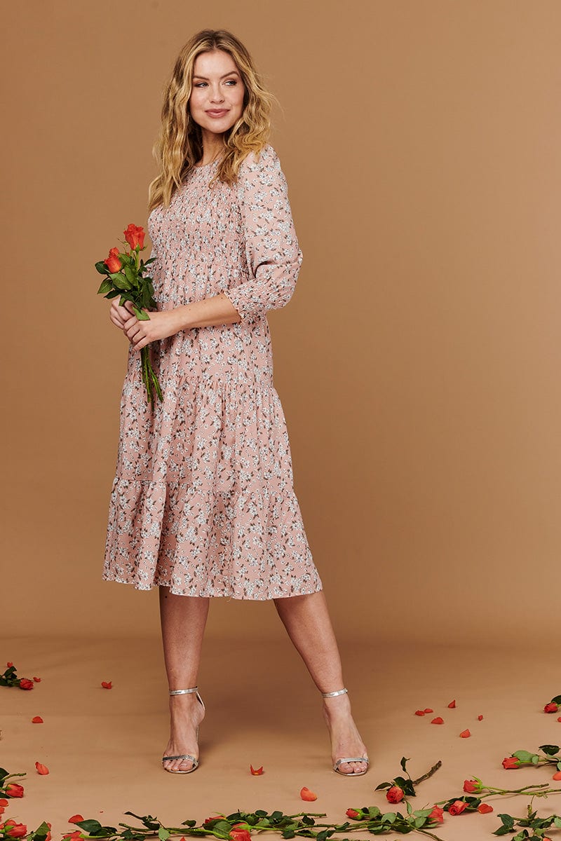 Pink | Floral Long Sleeve Smocked Dress