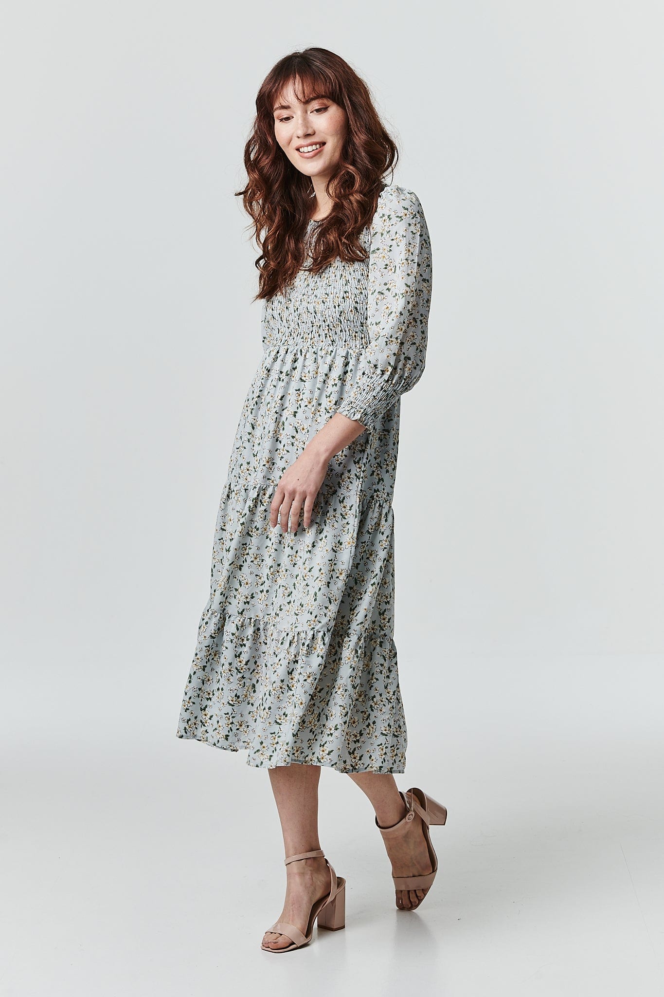 Blue | Floral Long Sleeve Smocked Dress