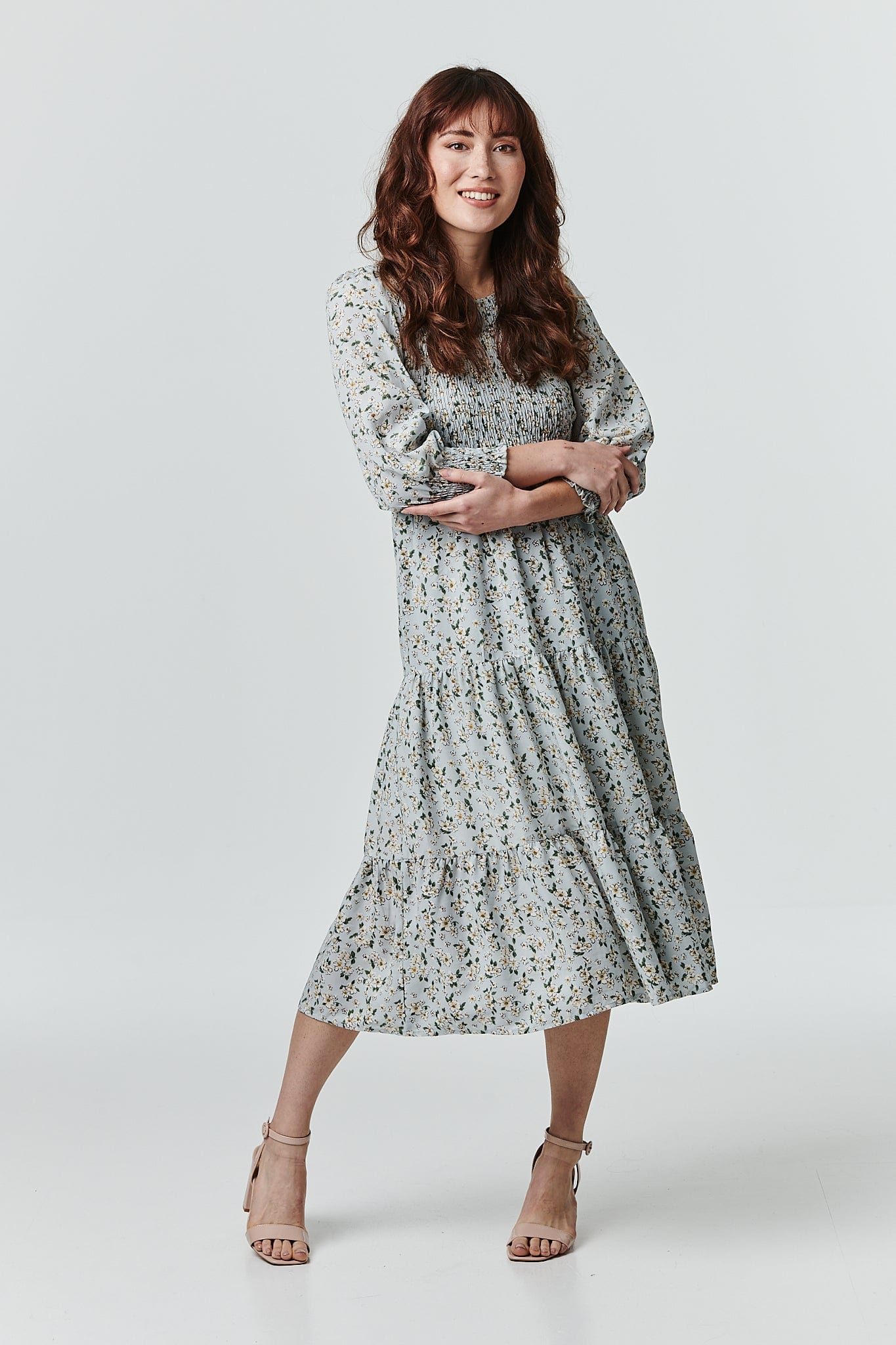 Blue | Floral Long Sleeve Smocked Dress
