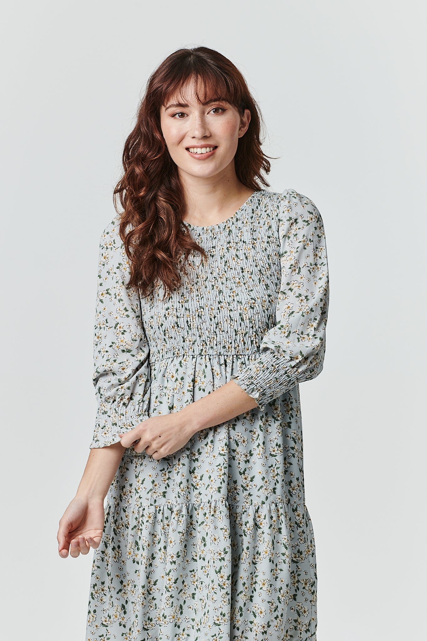 Blue | Floral Long Sleeve Smocked Dress