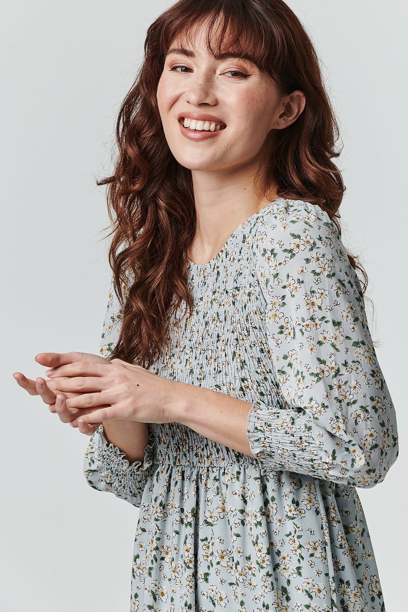 Blue | Floral Long Sleeve Smocked Dress