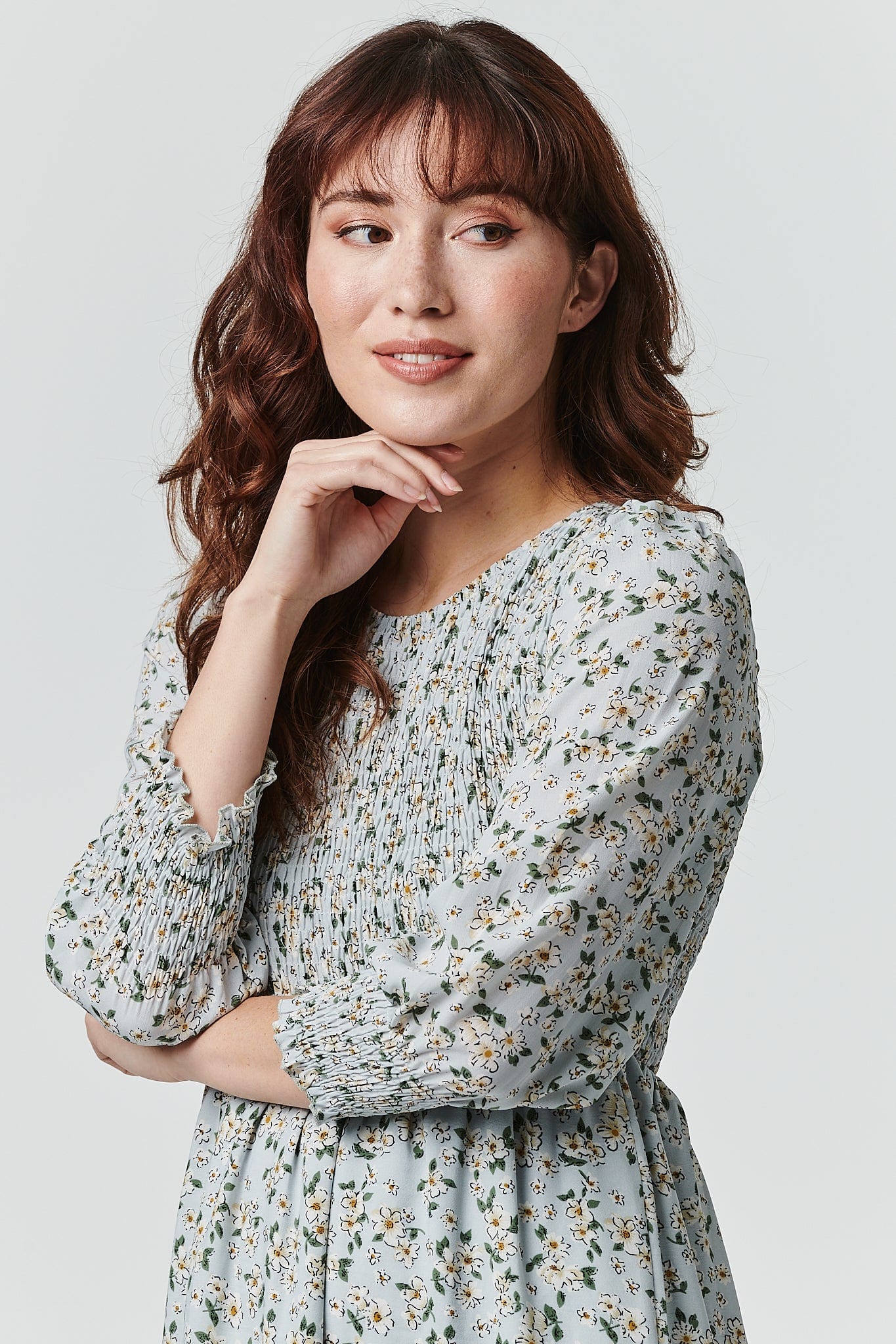 Blue | Floral Long Sleeve Smocked Dress