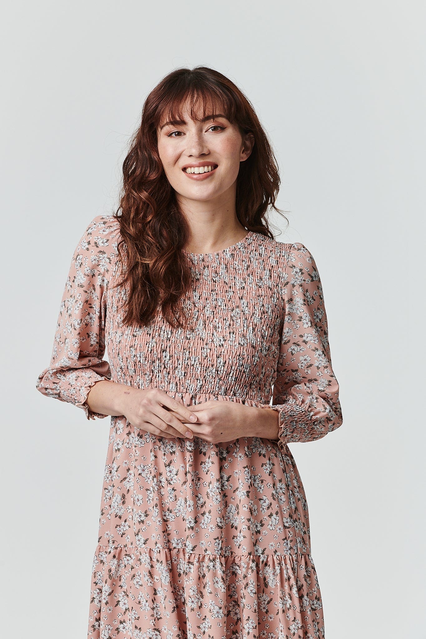Pink | Floral Long Sleeve Smocked Dress