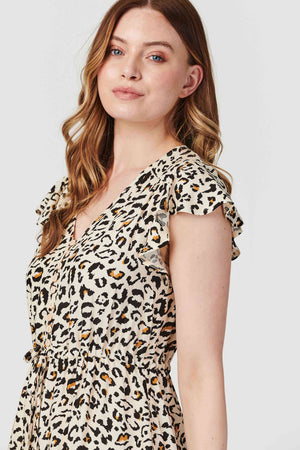 Beige | Animal Print Cap Sleeve Smock Dress