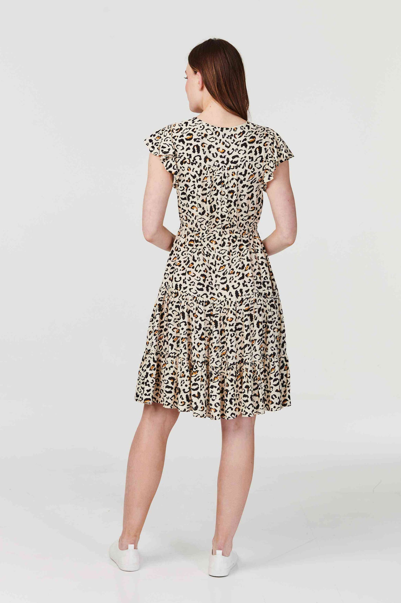 Beige | Animal Print Cap Sleeve Smock Dress