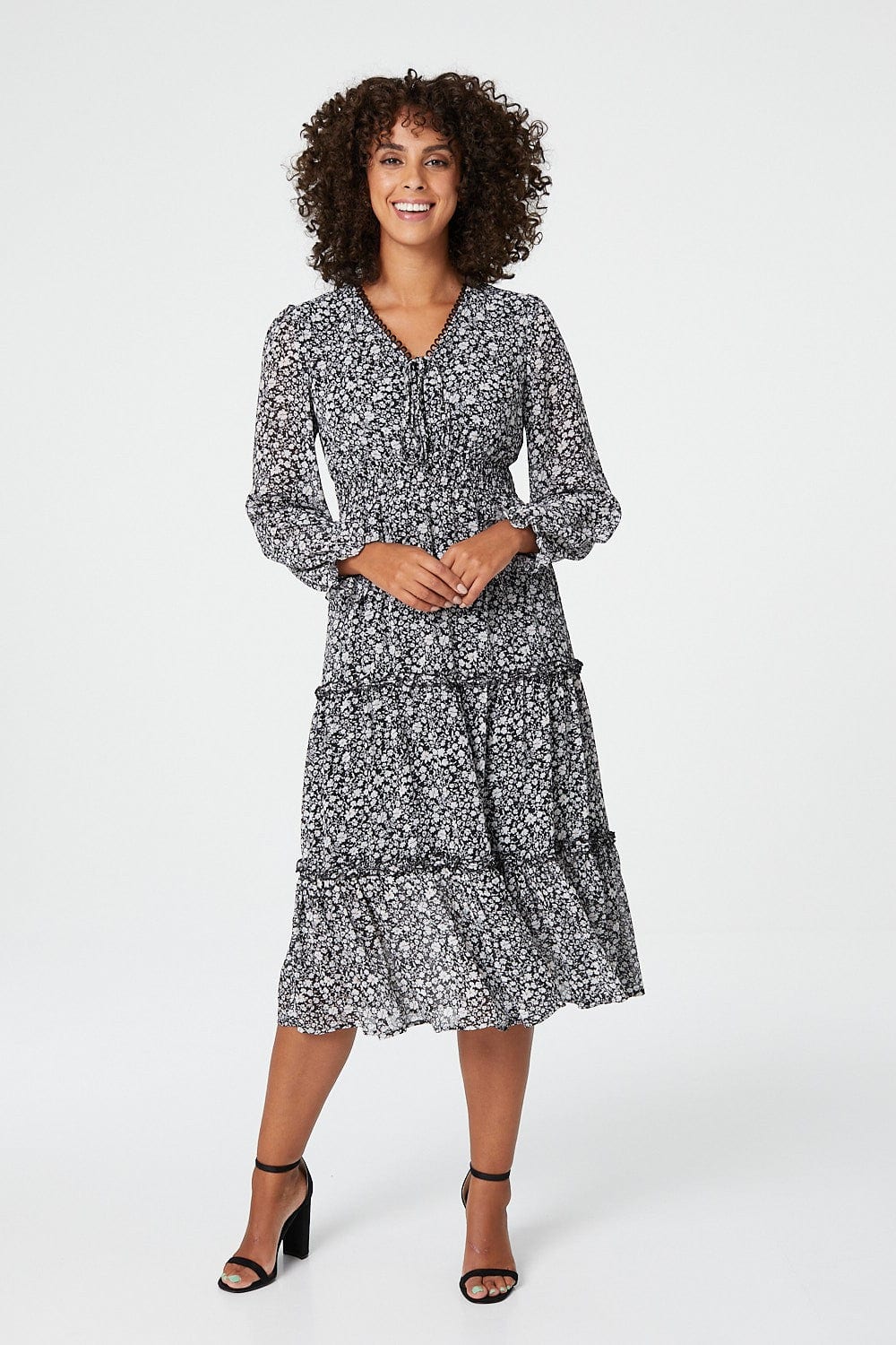 Black | Ditsy Print Tiered Midi Dress