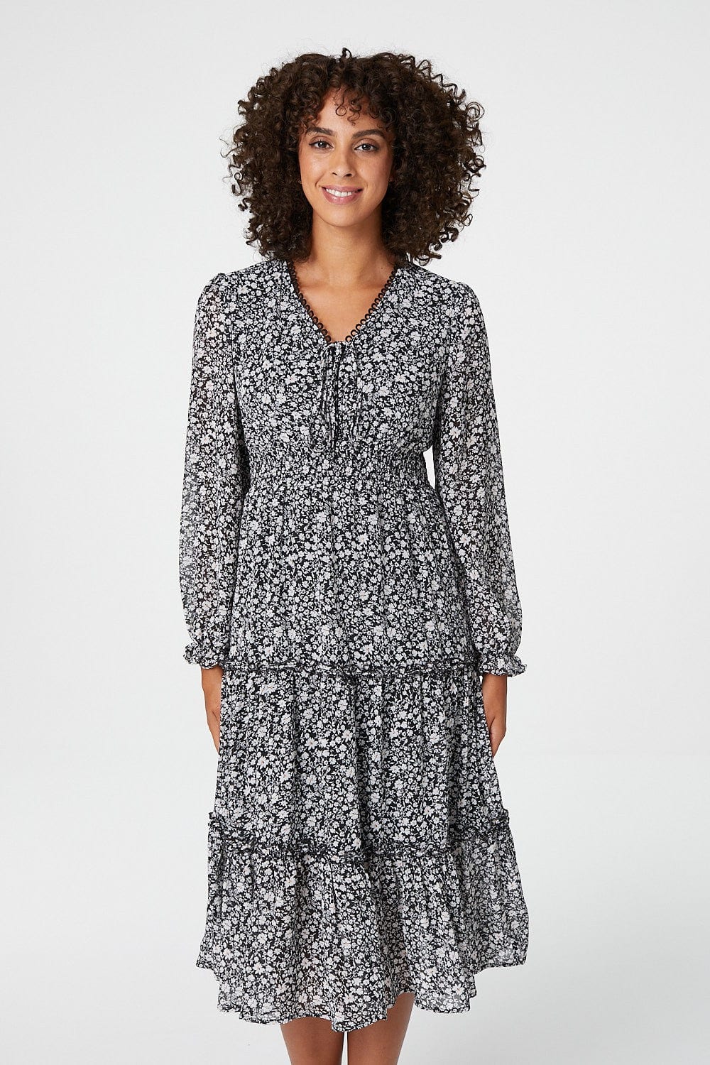 Black | Ditsy Print Tiered Midi Dress