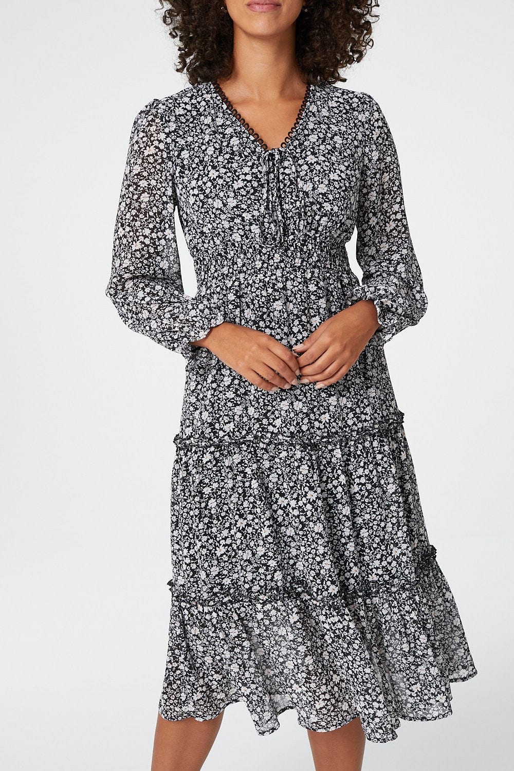 Black | Ditsy Print Tiered Midi Dress