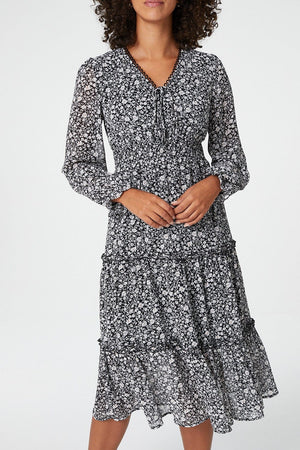 Black | Ditsy Print Tiered Midi Dress