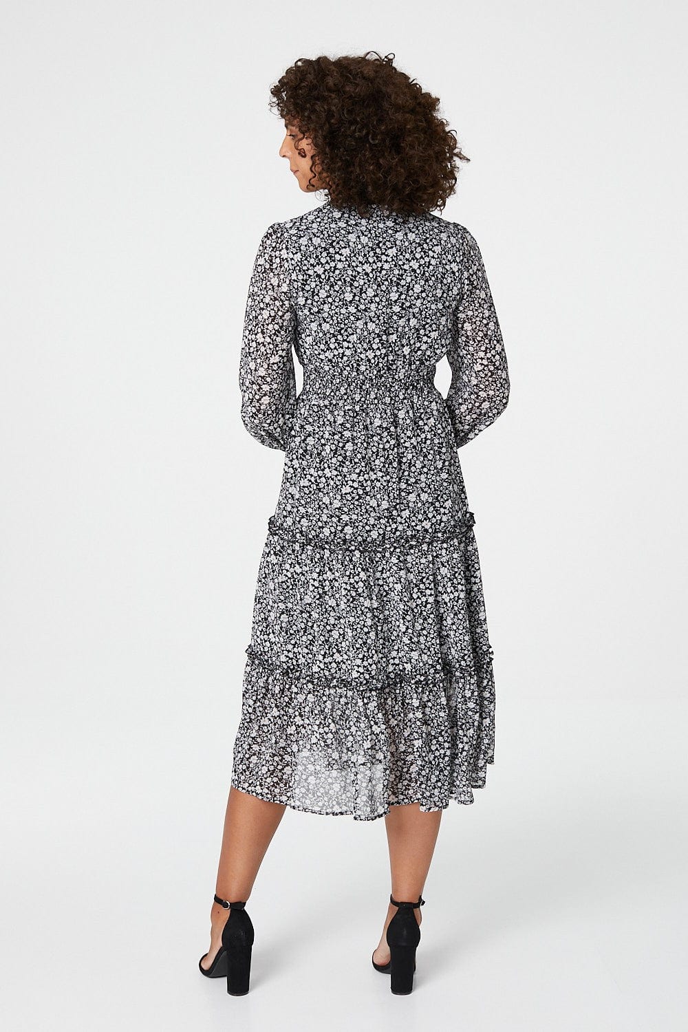 Black | Ditsy Print Tiered Midi Dress