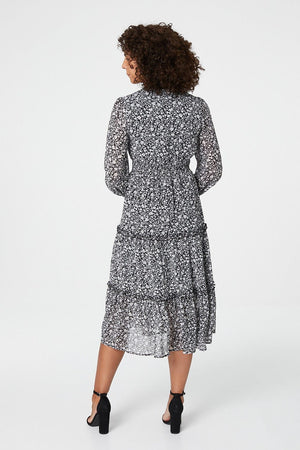 Black | Ditsy Print Tiered Midi Dress