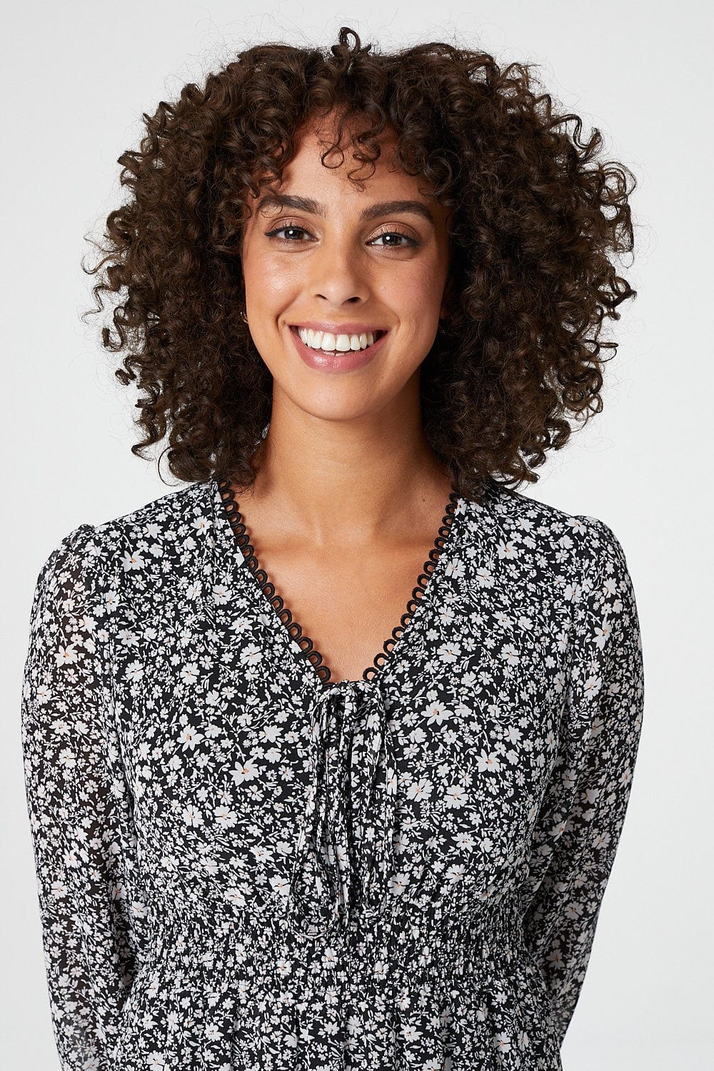 Black | Ditsy Print Tiered Midi Dress