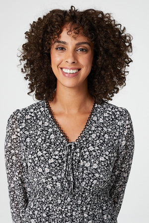 Black | Ditsy Print Tiered Midi Dress